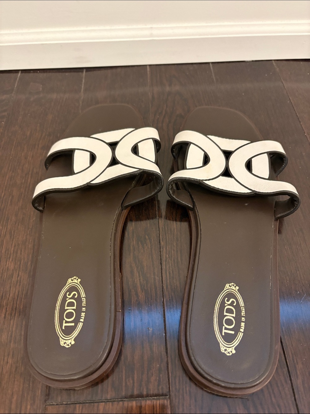 Tod's Brown Leather Slide Sandals with White Crossover Straps